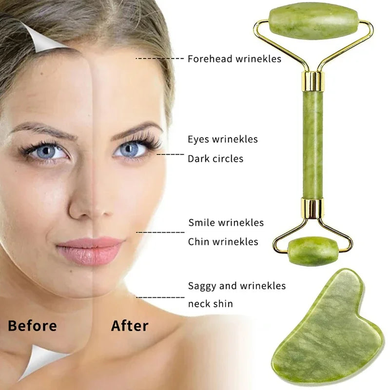 Natural Jade Roller Massager for Face Body Back Foot Massage Roller Facial Liftting Anti-Wrinkle Double-End Gua Sha Jade Stone