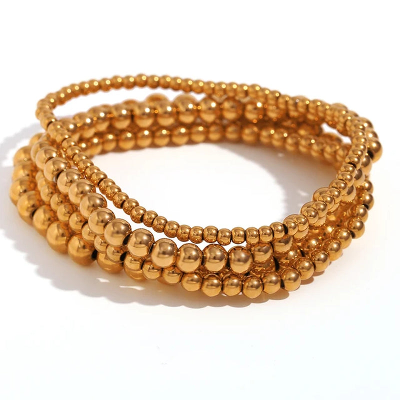 Gold Plated Silver Color Elastic Beads Bracelets Bangles for Woman Waterproof Stainless Steel Beaded Chain Bracelet