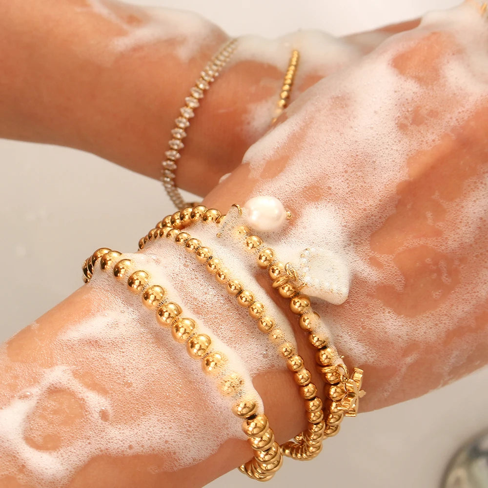 Gold Plated Silver Color Elastic Beads Bracelets Bangles for Woman Waterproof Stainless Steel Beaded Chain Bracelet