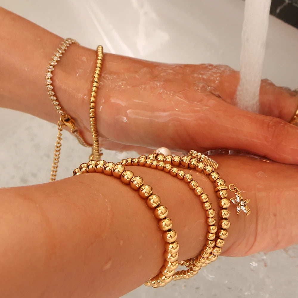 Gold Plated Silver Color Elastic Beads Bracelets Bangles for Woman Waterproof Stainless Steel Beaded Chain Bracelet