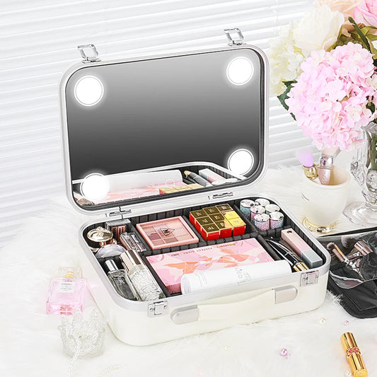 2022 New Lighted Cosmetic Case with Mirror LED Portable Cosmetic Bag Travel Large-Capacity Makeup Storage Case