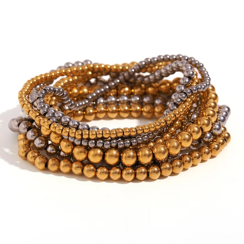 Gold Plated Silver Color Elastic Beads Bracelets Bangles for Woman Waterproof Stainless Steel Beaded Chain Bracelet