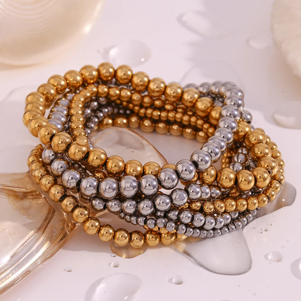 Gold Plated Silver Color Elastic Beads Bracelets Bangles for Woman Waterproof Stainless Steel Beaded Chain Bracelet